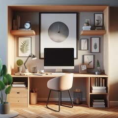 Desk with a computer and accessories for work. Cozy home office interior concept in minimalism style, realistic 3d render. Monochrome composition, for design and banners.