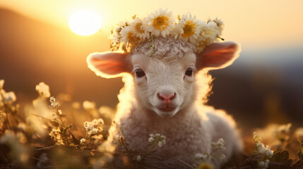 Floral head wreath lamb baby sunshine background image. April paschal animal desktop wallpaper picture. Happy Easter sheep closeup photo backdrop. Festive springtime concept composition