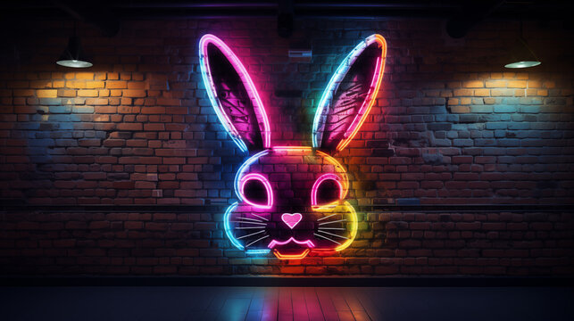 Multicolor electric neon rabbit brick wall outline background image. Bunny signboard night club desktop wallpaper picture. Nighttime Easter photo backdrop. Sci fi cyberpunk concept
