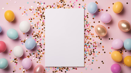 Pink confetti dyed eggs paper card mock up. Glitter shimmering Eastertide blank invitation mockup with blank space. April festive spring concept composition top view, border picture