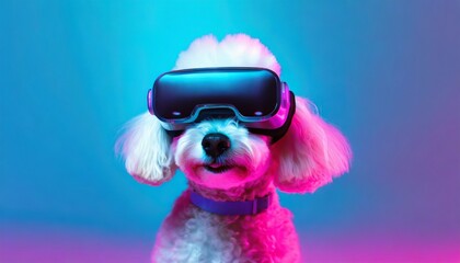 generative ai futuristic illustration of petfluencer character maltese poodle dog in vr goggles illuminated with pink light against neon blue background