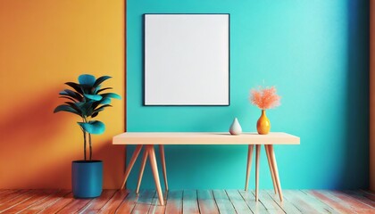 mockup poster in the interior with a table in trendy colors 3d
