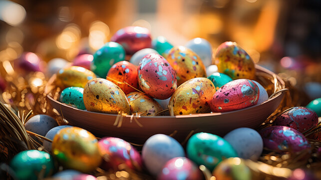 Colorful foil wrapped chocolate eggs in bowl background image. Traditional Easter basket sweets desktop wallpaper picture. Celebrate Eastertime photo backdrop. Springtime treat concept