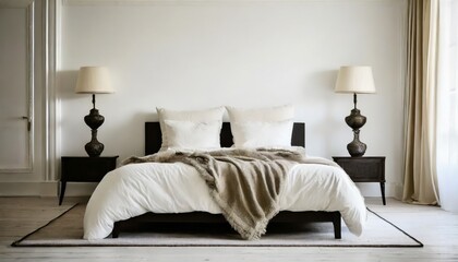 cozy bedroom setting with two pillows and messy blanket and classic element install on white...
