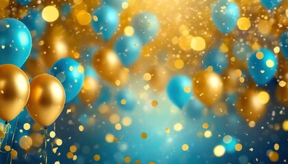 Fototapeta na wymiar realistic festive background with golden and blue balloons falling confetti blurry background and a bokeh lights 