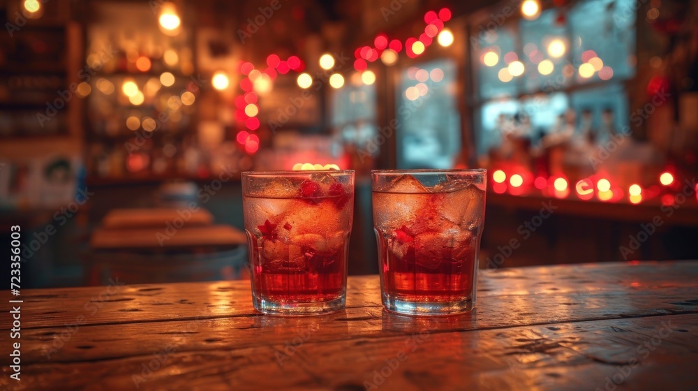 Poster two glasses of ice tea sit on a table in front of a window with christmas lights in the backround of