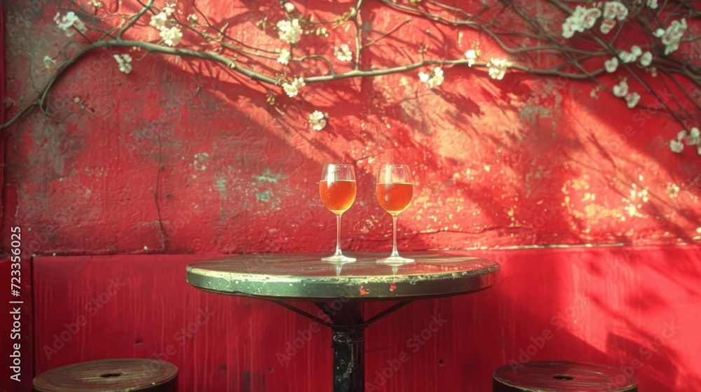 Poster two glasses of wine sit on a small table in front of a red wall with a tree branch in the middle of 