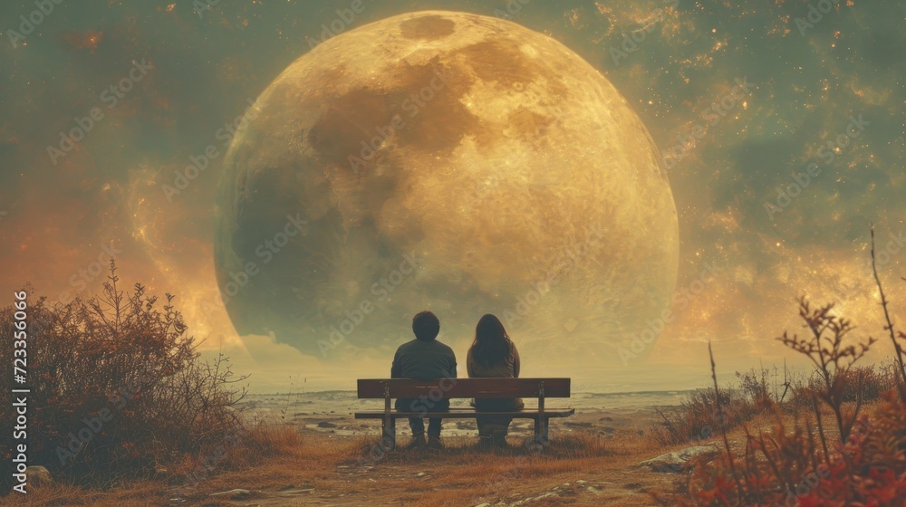 Poster two people sitting on a bench in front of a full moon with the ocean in the foreground and trees in 