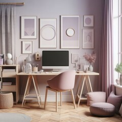 Desk with a computer and accessories for work on a pastel purple background. Cozy home office interior concept in minimalism style, realistic 3d render. Monochrome composition, for design and banners.