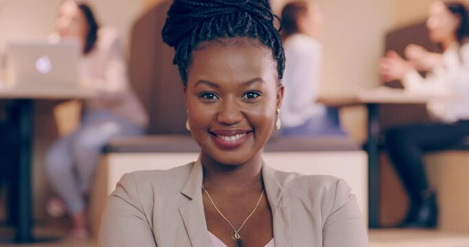 Face, Business And Happy Black Woman With Arms Crossed In Office, Coworking And Smile For Career Pride. Portrait, Confident African Professional And Consultant, Employee Or Entrepreneur In Cafeteria