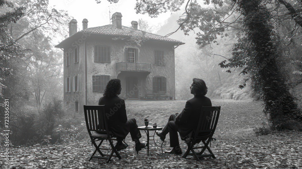 Poster  two people sitting at a table in front of a house on a foggy day in front of a tree with leaves on the ground and in front of them.