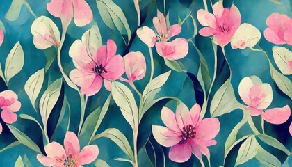 seamless floral pattern with abstract blue pink flowers and leaves watercolor colorful print in...