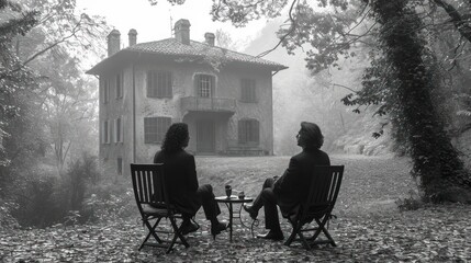  two people sitting at a table in front of a house on a foggy day in front of a tree with leaves on the ground and in front of them.