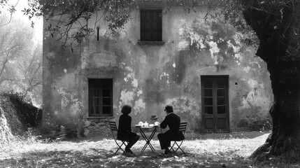  a black and white photo of two people sitting at a table in front of a building with a tree in the foreground and two people sitting at a table in the foreground.