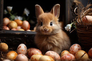 Osterhase mit vielen bunten Eiern, Hase versteckt Ostereier zwischen bunten Blumen, Glückliches Kanninchen - obrazy, fototapety, plakaty