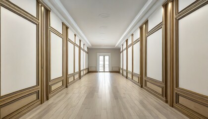 empty hallway with elegant wooden moulding panels on the wall - obrazy, fototapety, plakaty