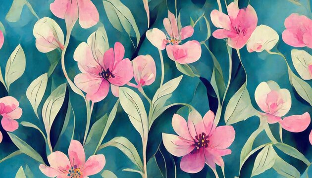 seamless floral pattern with abstract blue pink flowers and leaves watercolor colorful print in rustic vintage style textile or wallpapers background