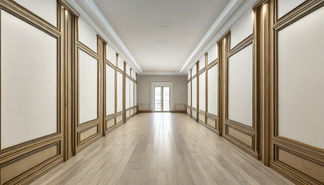 empty hallway with elegant wooden moulding panels on the wall