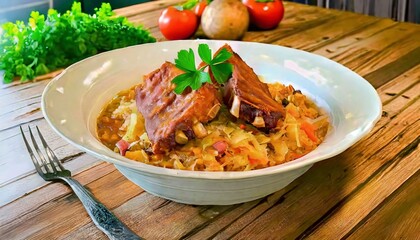 polish bigos with pork ribs close up on the table