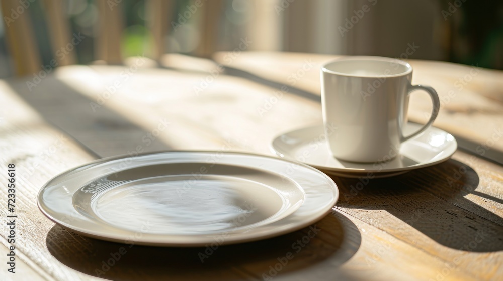 Poster a close up of a plate on a table with a cup and saucer next to it on a wooden table with a wooden sl