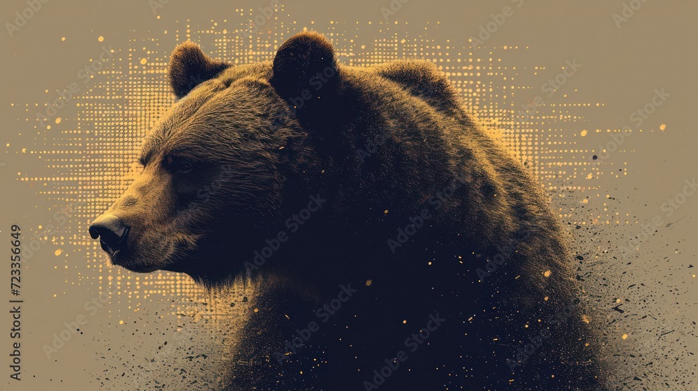 Poster a close up of a bear's head with a background of yellow and brown dots in the middle of the image an