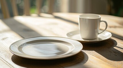  a close up of a plate on a table with a cup and saucer next to it on a wooden table with a wooden slatted surface with a bench in the background. - obrazy, fototapety, plakaty