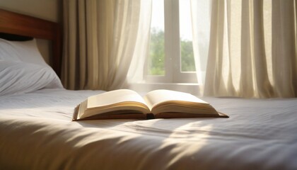 Fototapeta na wymiar a book placed on a bed with white linen illuminated by the gentle morning light filtering through the curtains