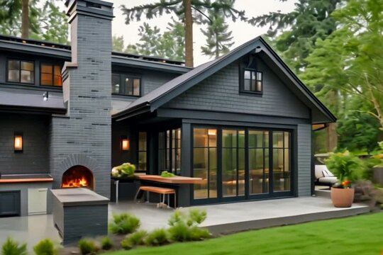 A gunmetal gray craftsman twillight cottage with a backyard and an outdoor brick pizza oven