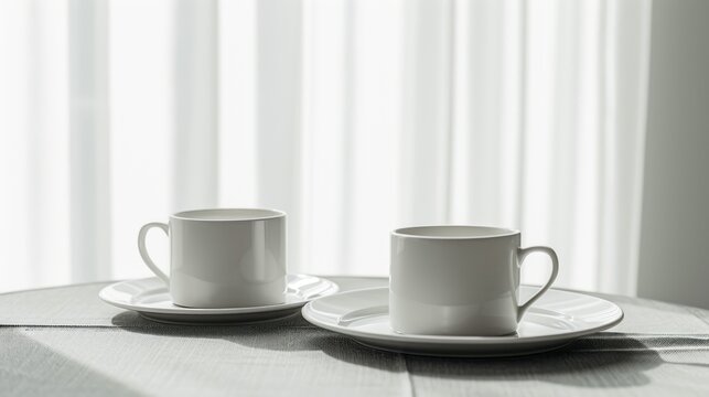  a couple of cups sitting on top of a white plate on top of a wooden table in front of a window with white drapes on the side of a curtain.