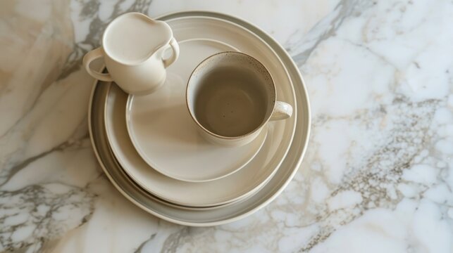  a close up of a cup and saucer on a plate on a marble counter top with a cup and saucer on top of the plate and a saucer on the plate.