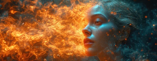 Image of woman looking at fire in her head