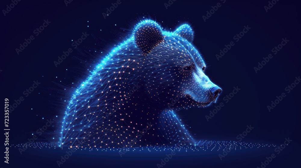 Poster a bear's head is shown in the middle of a blue background with a pattern of dots on the left side of