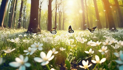 forest glade with lots of white spring flowers and butterflies on a sunny day - obrazy, fototapety, plakaty
