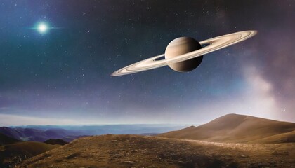 landscape with saturn planet in sky with stars fantasy space wallpaper with planet over the land sci fi elements of this image furnished by nasa