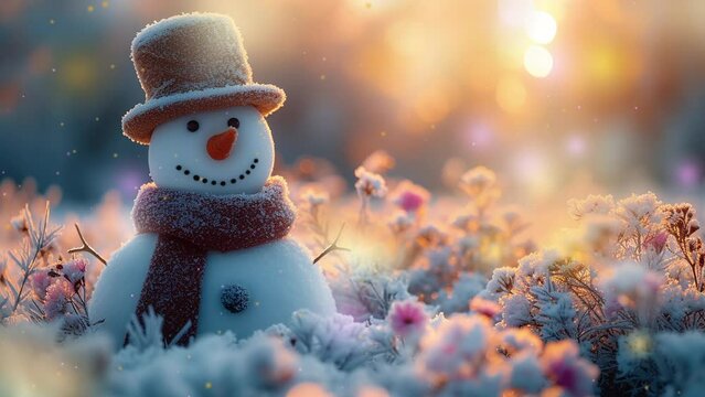 Snowman on a snowy meadow with flowers greets spring