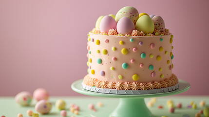 Easter celebration cake with pastel eggs on top, surrounded by a soft-hued setting with blossoming branches