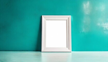 a white picture frame leans on an aegean teal painted wall