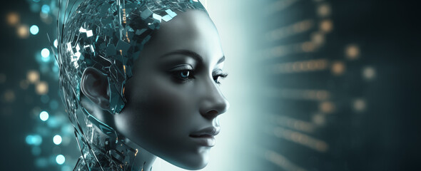 Gesicht einer Frau, humanoider Roboter, Künstliche Intelligenz und Digitalisierung - obrazy, fototapety, plakaty