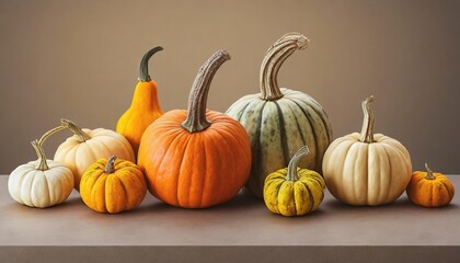 artisanal pumpkins and gourds on a neutral background
