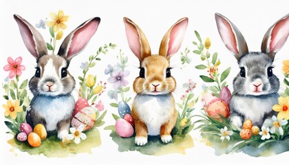 watercolor happy easter baby bunnies design with spring blossom flower rabbit bunny kids...