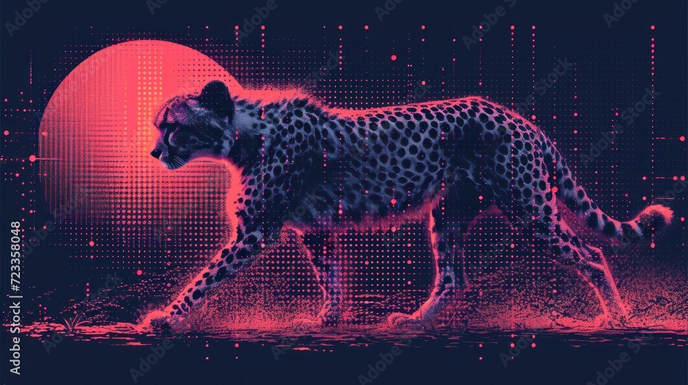 Poster a digital painting of a cheetah walking in front of a red and black background with a half moon in t