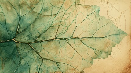 Obraz premium Generative AI, Abstract watercolor green leaf veins. Drawn poster design with green, brown and beige colors.