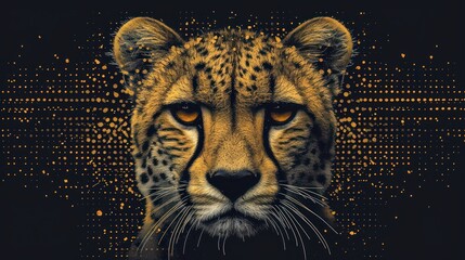  a close up of a cheetah's face on a black background with a yellow dotted line in the center of the image and the cheetah cheetah. - obrazy, fototapety, plakaty