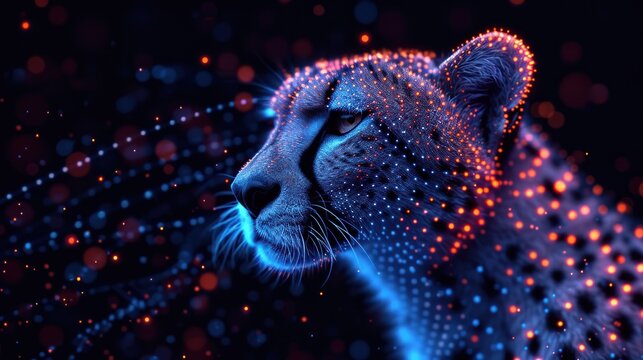  a close up of a cheetah's face on a black background with red and blue lights in the foreground and a blurry image of the cheetah of the cheetah.