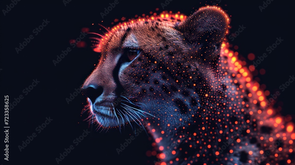 Poster a close up of a cheetah's face with a blurry background of red and orange dots on it's face and a bl