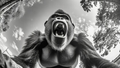 grayscale photo of gorilla screaming