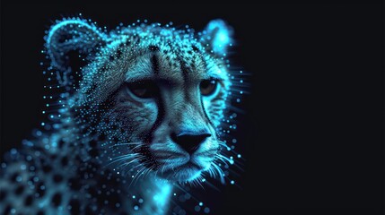  a close up of a cheetah's face on a black background with blue and white dots in the foreground and a blurry image of the cheetah of the cheetah's head. - obrazy, fototapety, plakaty