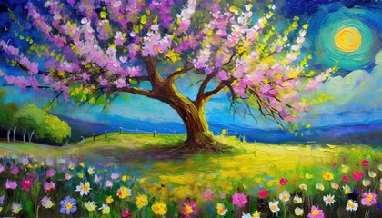 artistic digital oil painting of a spring tree with flowers at night impasto wall art for children...
