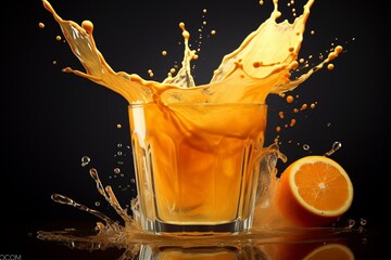 A glass of orange juice spills on a plain surface. Generative AI