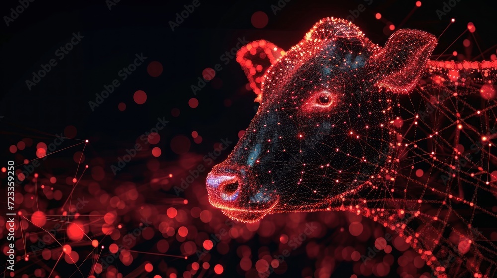 Aufkleber a close up of a cow's head on a black background with red and white dots and lines in the shape of a